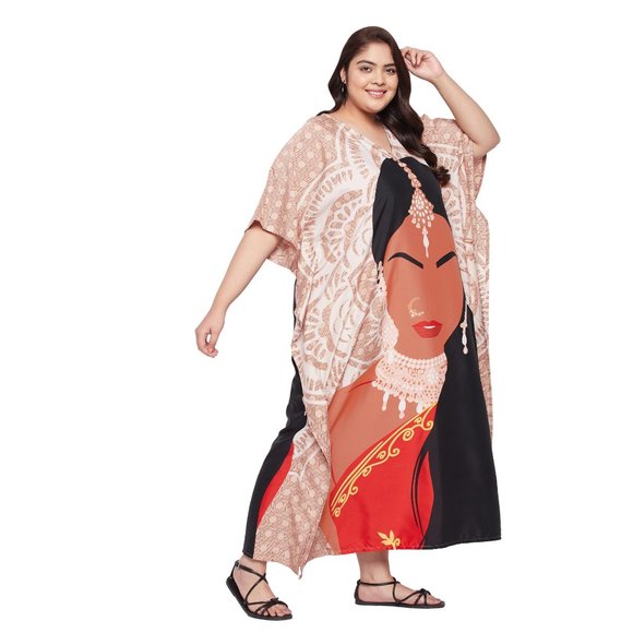 Women Plus Size Fit and Flare Tribal Printed Beige Kaftan Dress by Gypsie Blu - Picture 3 of 7